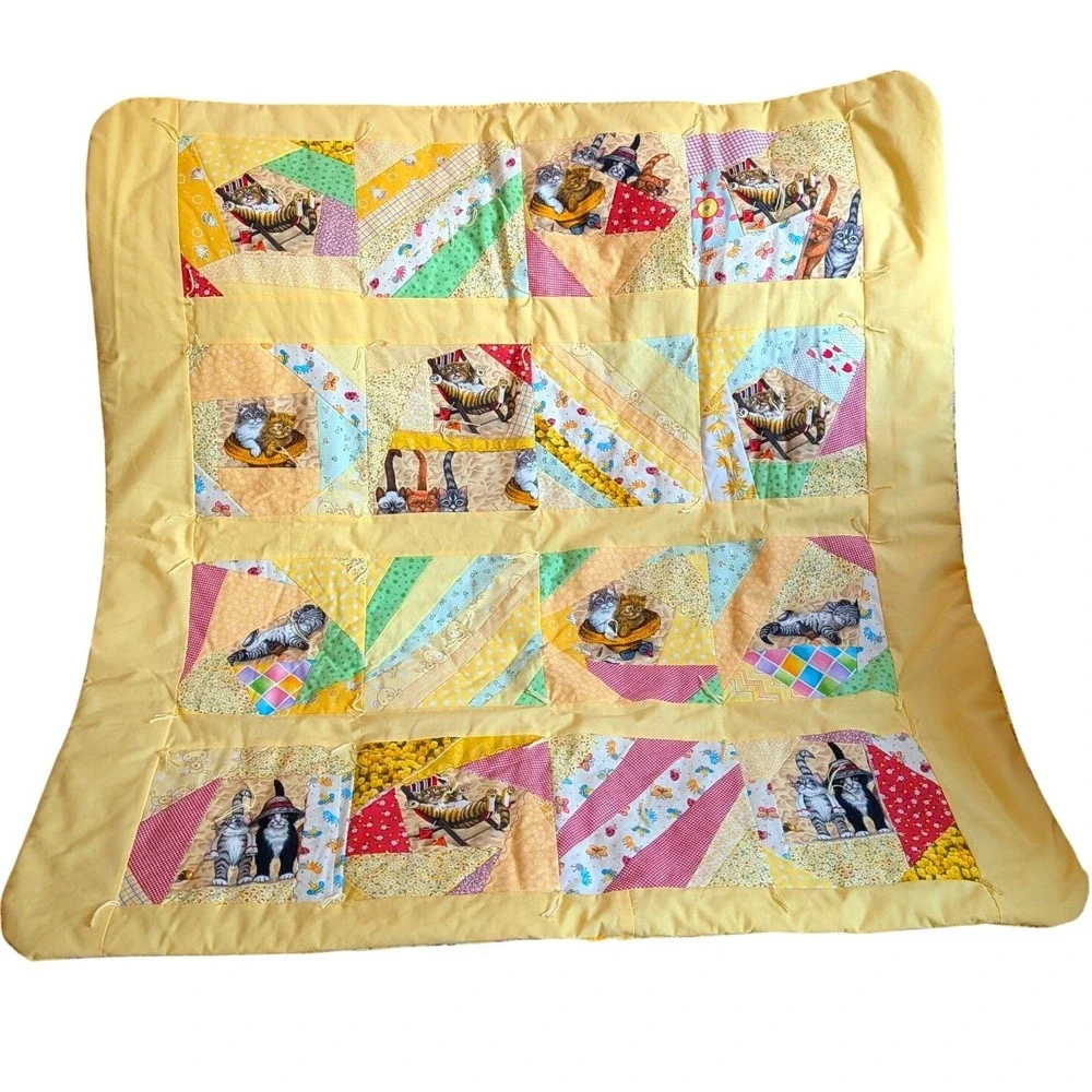 Handmade Kitten Quilted Baby Blanket Yellow Patchwork Cat Crib Quilt 37x40